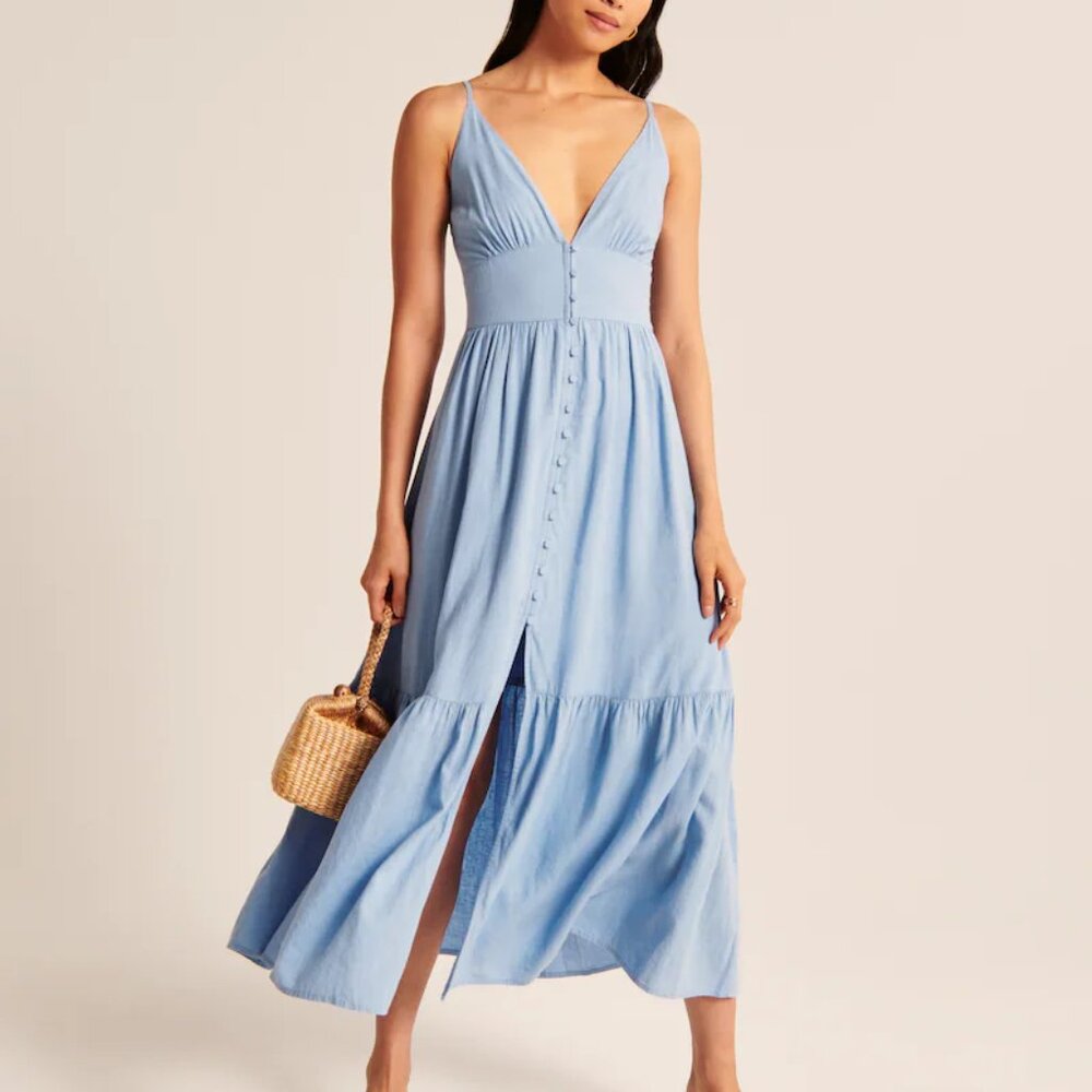 Abercrombie & Fitch Light Blue Button-Front Maxi Dress